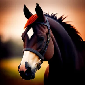 Brown stallion wearing equestrian mask in rural field