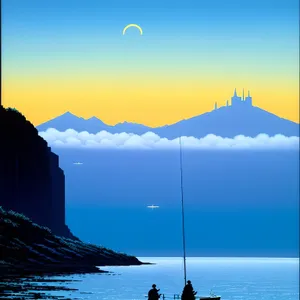 Serene sunset over coastal fishermen in serene seascape