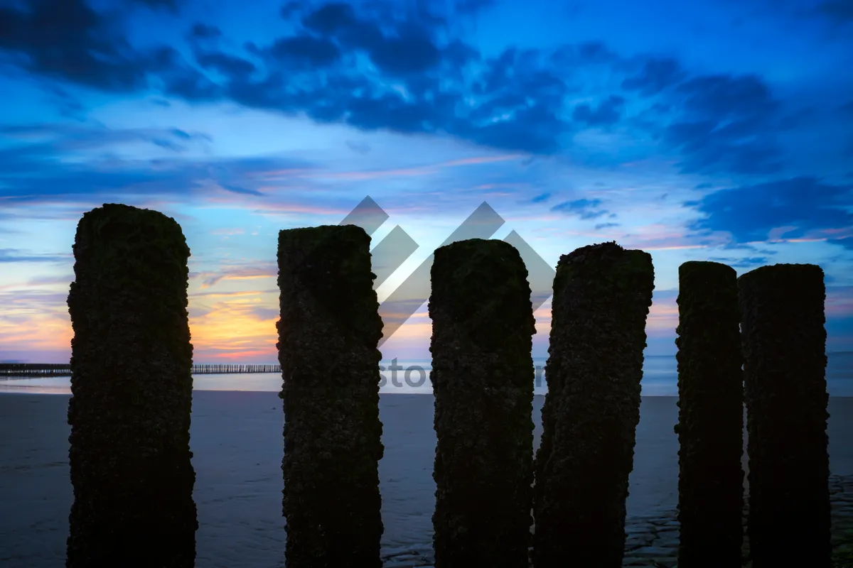 Picture of City skyline at sunset with skyscrapers and water