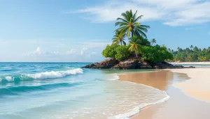 Tropical paradise beach with calm turquoise waters and palms.