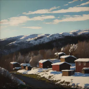 Winter mountain landscape with snowy water and ice.