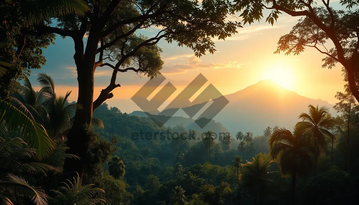 Picture of Autumn sunset over mountains and trees.