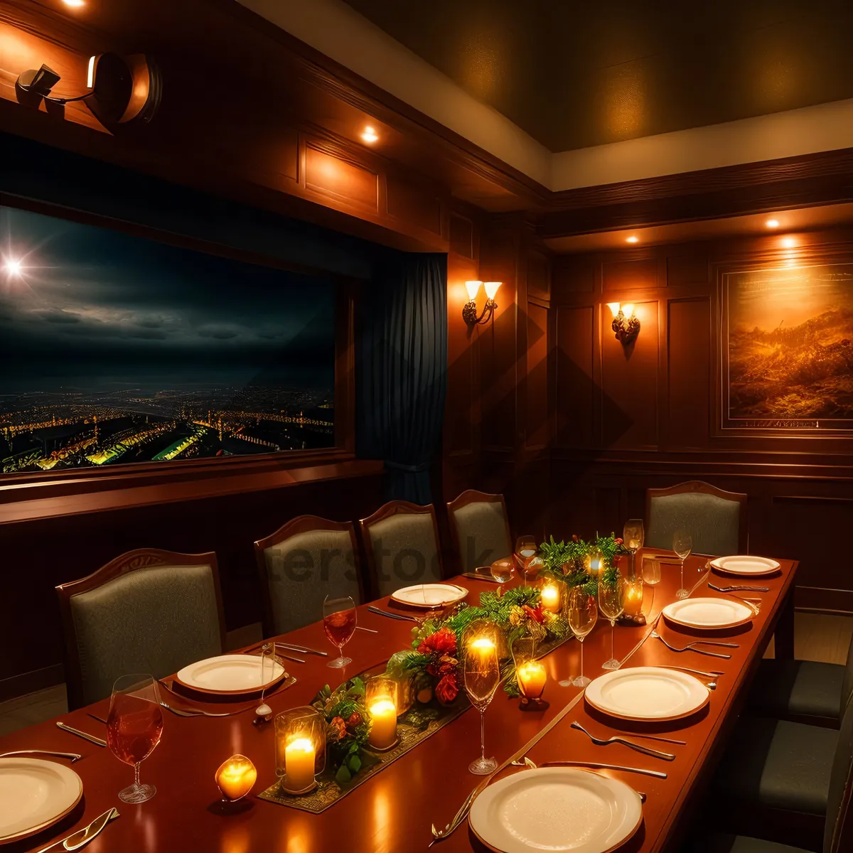 Picture of Modern restaurant interior with stylish furniture and ambient lighting.