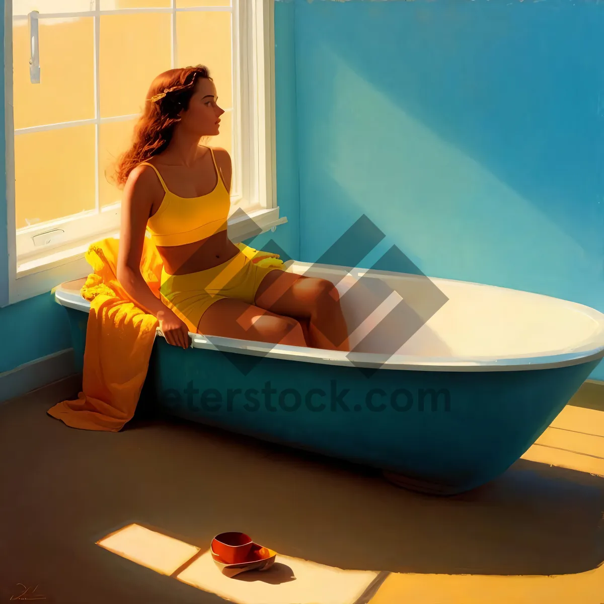 Picture of Happy woman sitting with laptop in cozy bathtub.