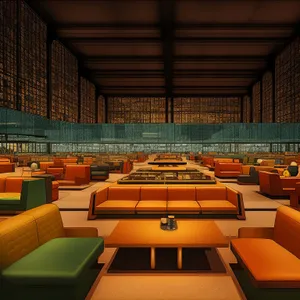 Modern empty classroom with tables and chairs.