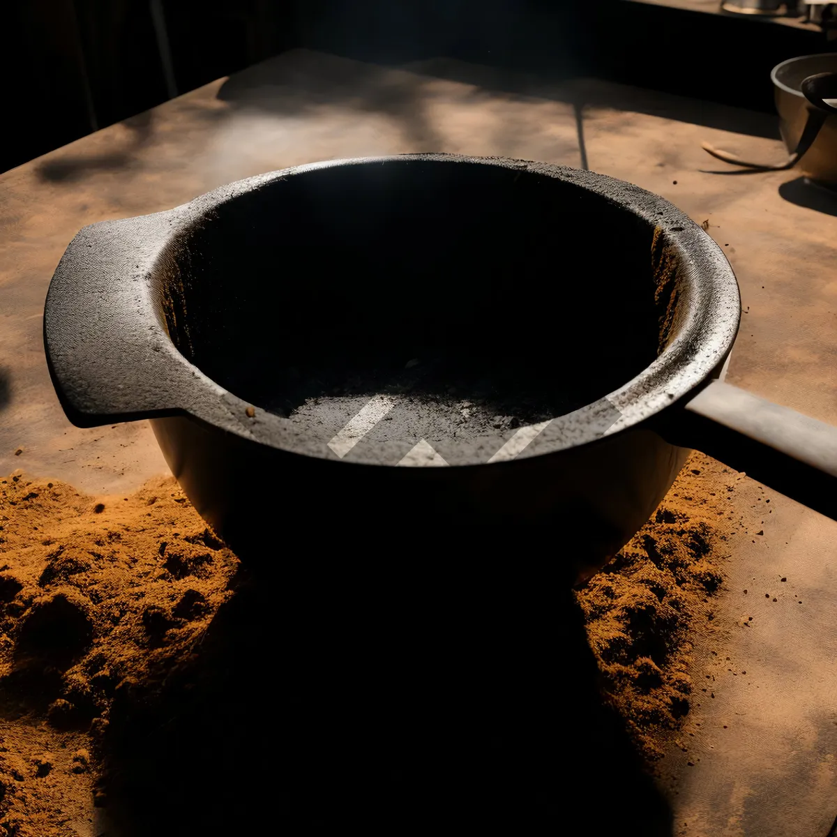 Picture of Hot Beverage in Brown Mug with Pestle and Mortar