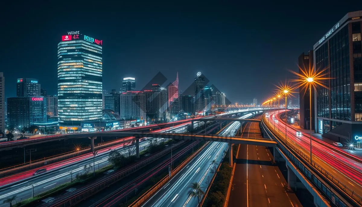 Picture of Urban Night Scene with Traffic on City Bridge