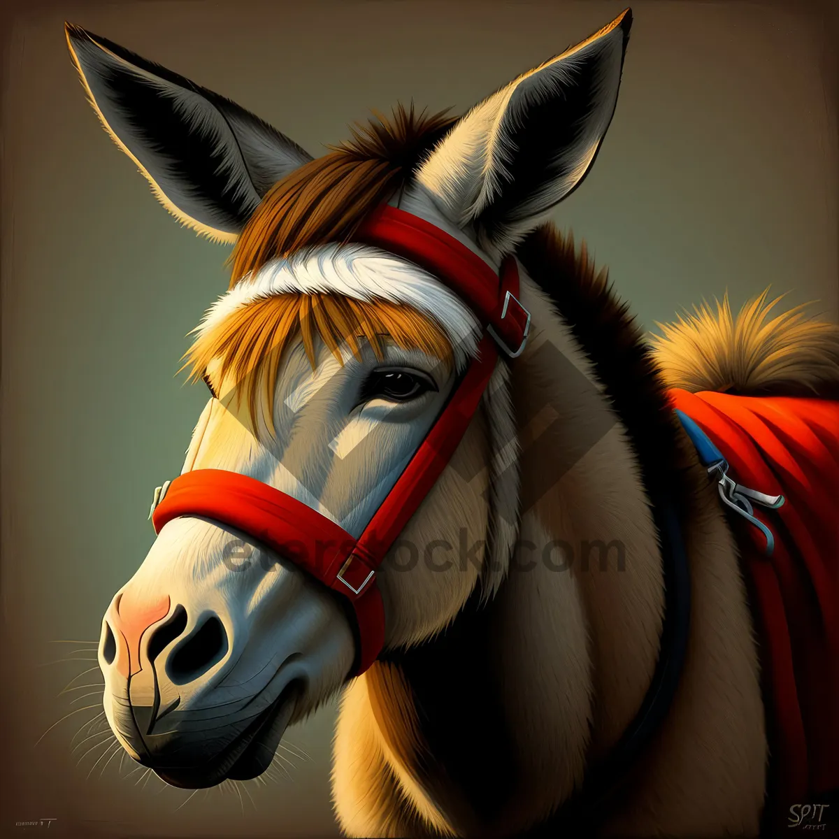 Picture of Brown Stallion Wearing Bridle and Mask