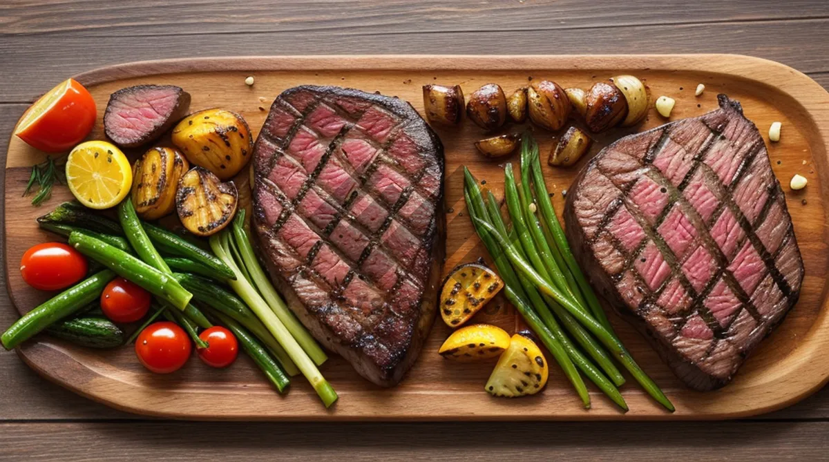 Picture of Delicious gourmet grilled vegetable and meat platter.