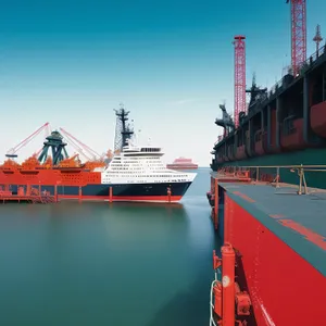 Container ship in bustling harbor at sunset