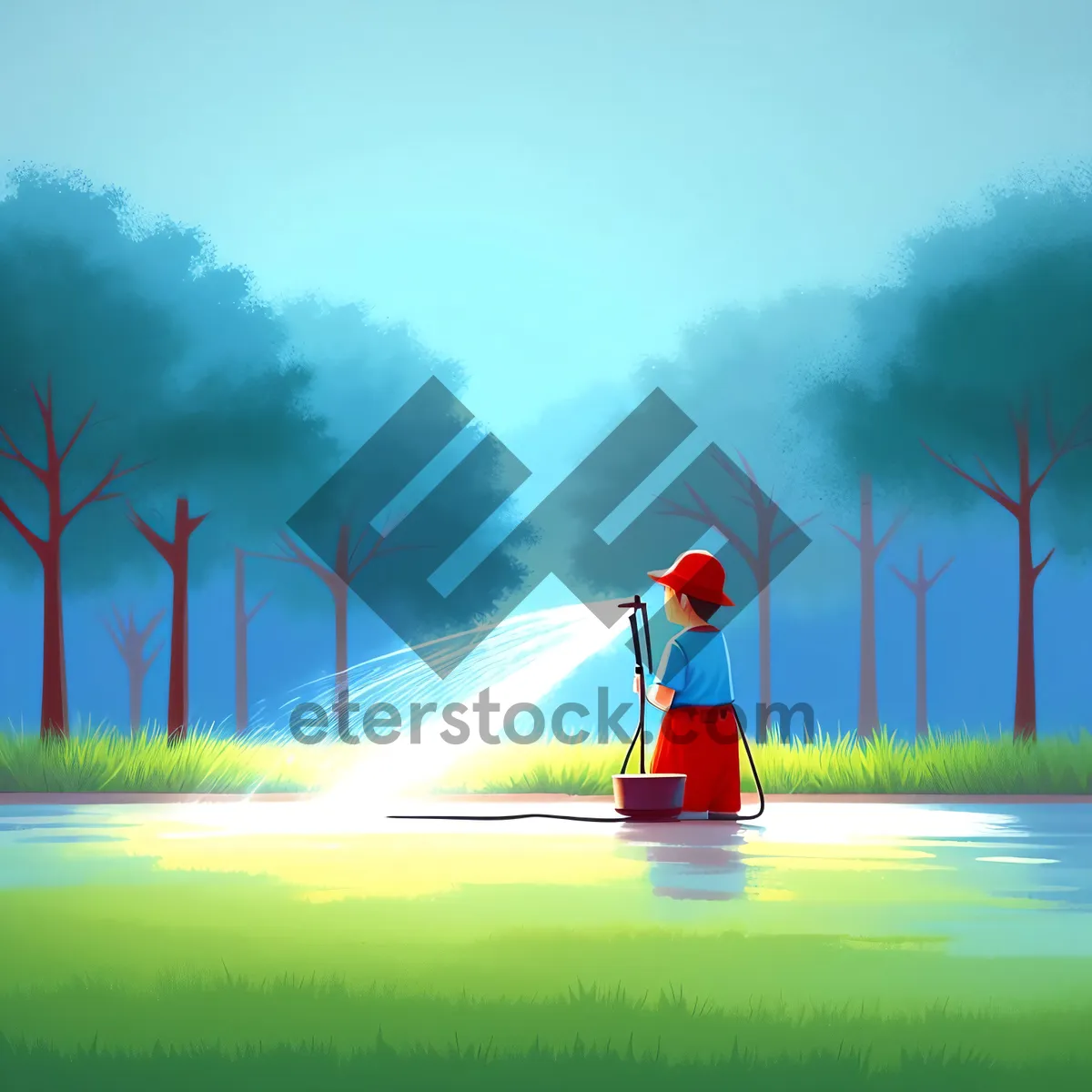 Picture of Idyllic Sunset Landscape with Fountain and Country Road