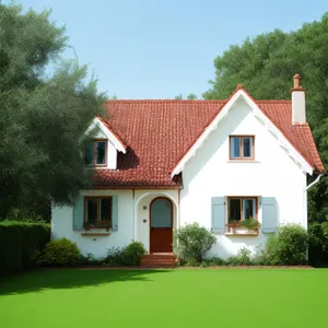 Modern brick house with tiled roof and grass lawn.