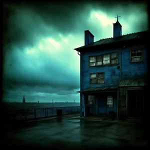 Enchanting Nighttime Cityscape: Old House and Skyline