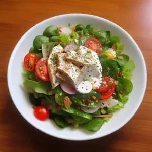 Tasty salad with fresh vegetables and cheese dressing