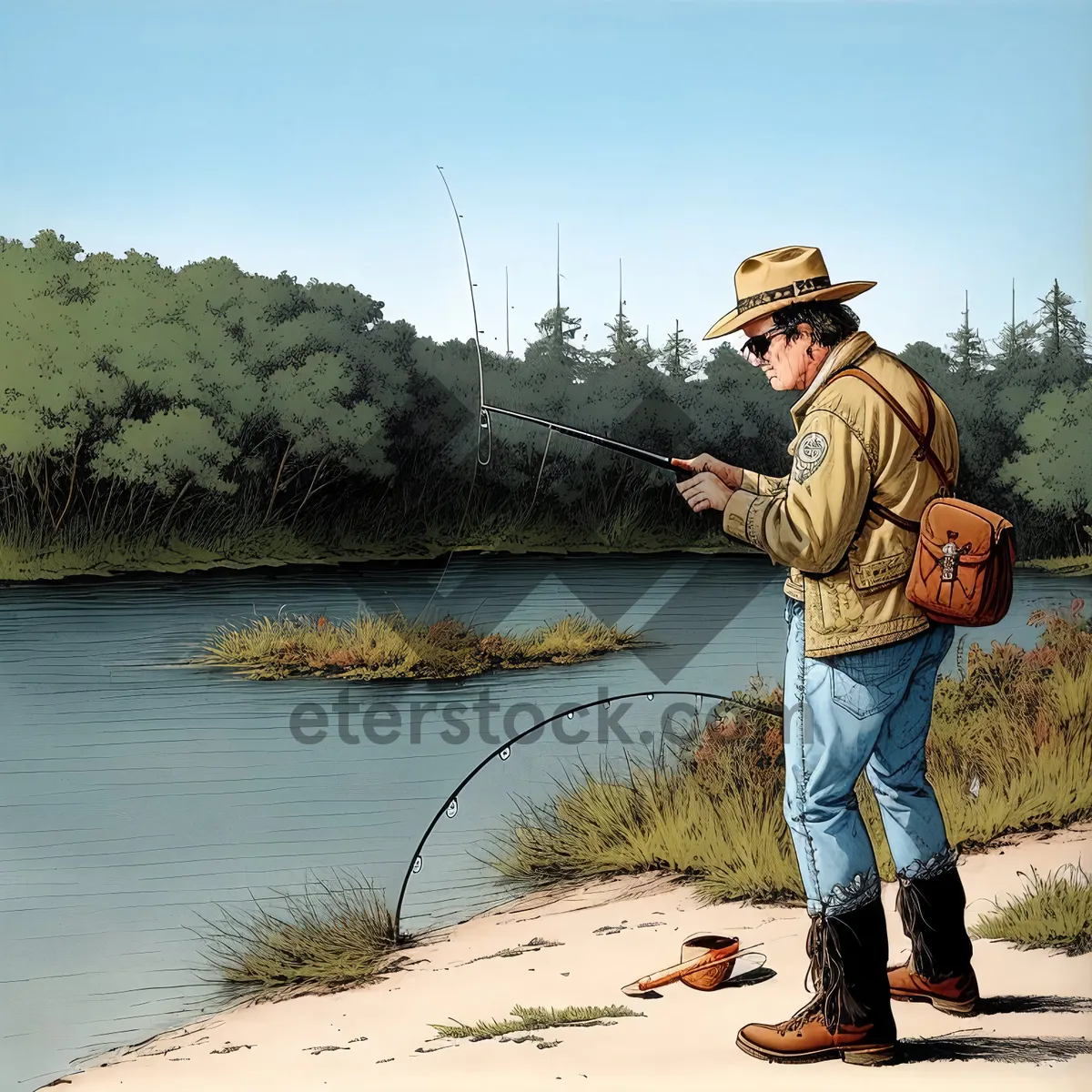 Picture of Man Fishing at Summer Lake with Rod and Reel