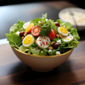 Fresh vegetable salad with gourmet cheese and healthy dressing.
