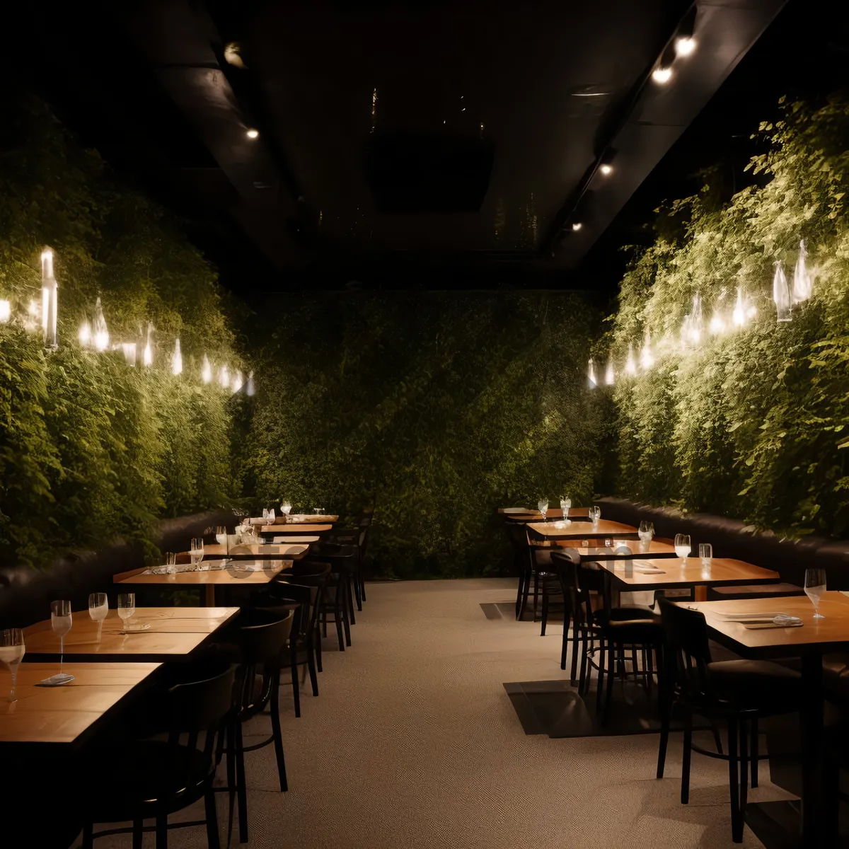Picture of Modern restaurant interior design with wooden chairs and tables.