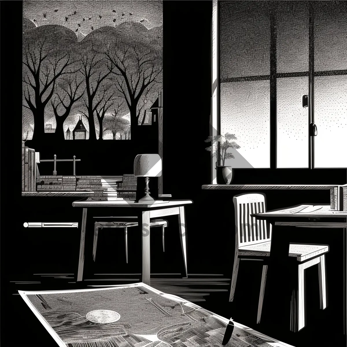 Picture of Modern wooden table with comfortable chairs in classroom.