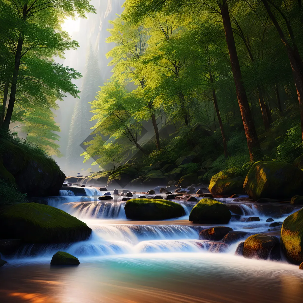Picture of Serene Waterfall Cascading Through Lush Forest
