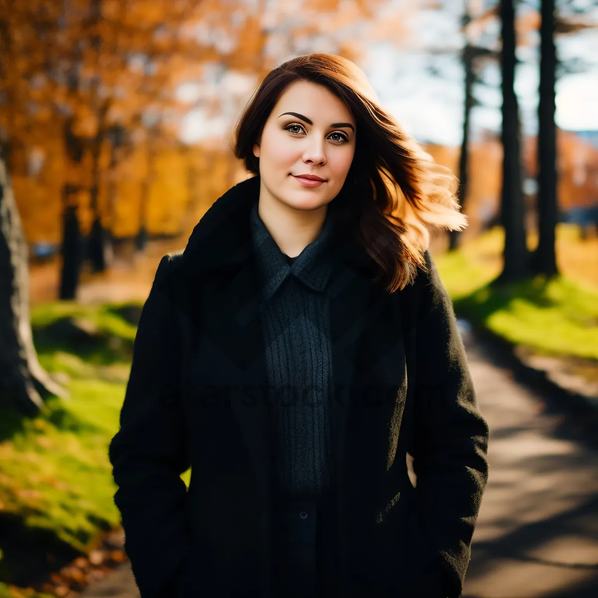 Picture of Attractive young businesswoman in corporate suit smiling outdoors.