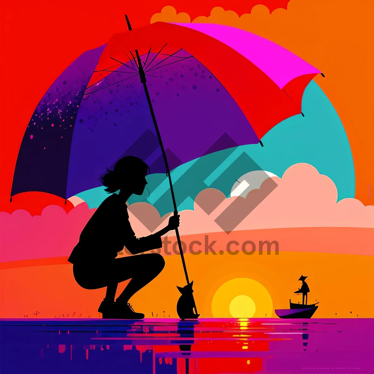 Picture of Silhouette of Fisherman under Umbrella: Sporty Shelter