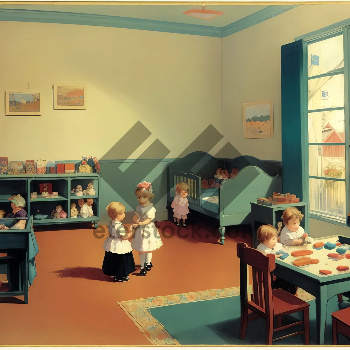 Picture of Modern Classroom Interior with Wooden Furniture and Window