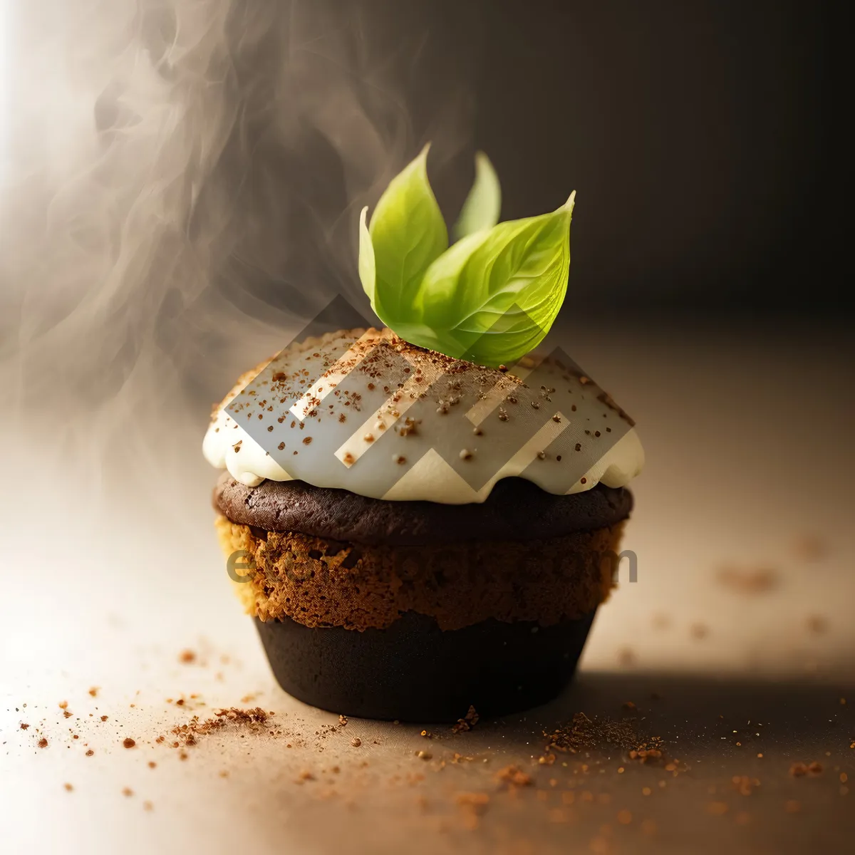 Picture of Decadent chocolate cake with creamy frosting and tea