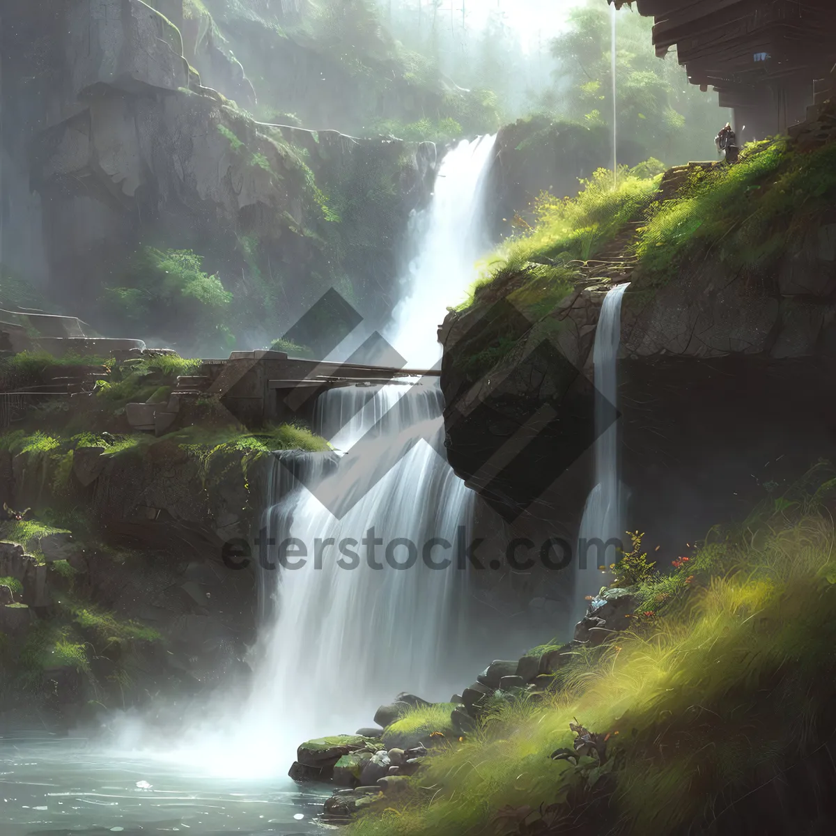 Picture of Majestic Mountain Cascade in Serene Forest