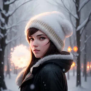 Stylish Winter Portrait: Attractive Brunette Lady in Snowy Hat