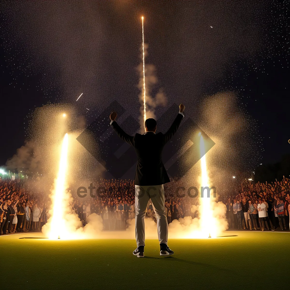 Picture of Night view of city architecture with rocket test.