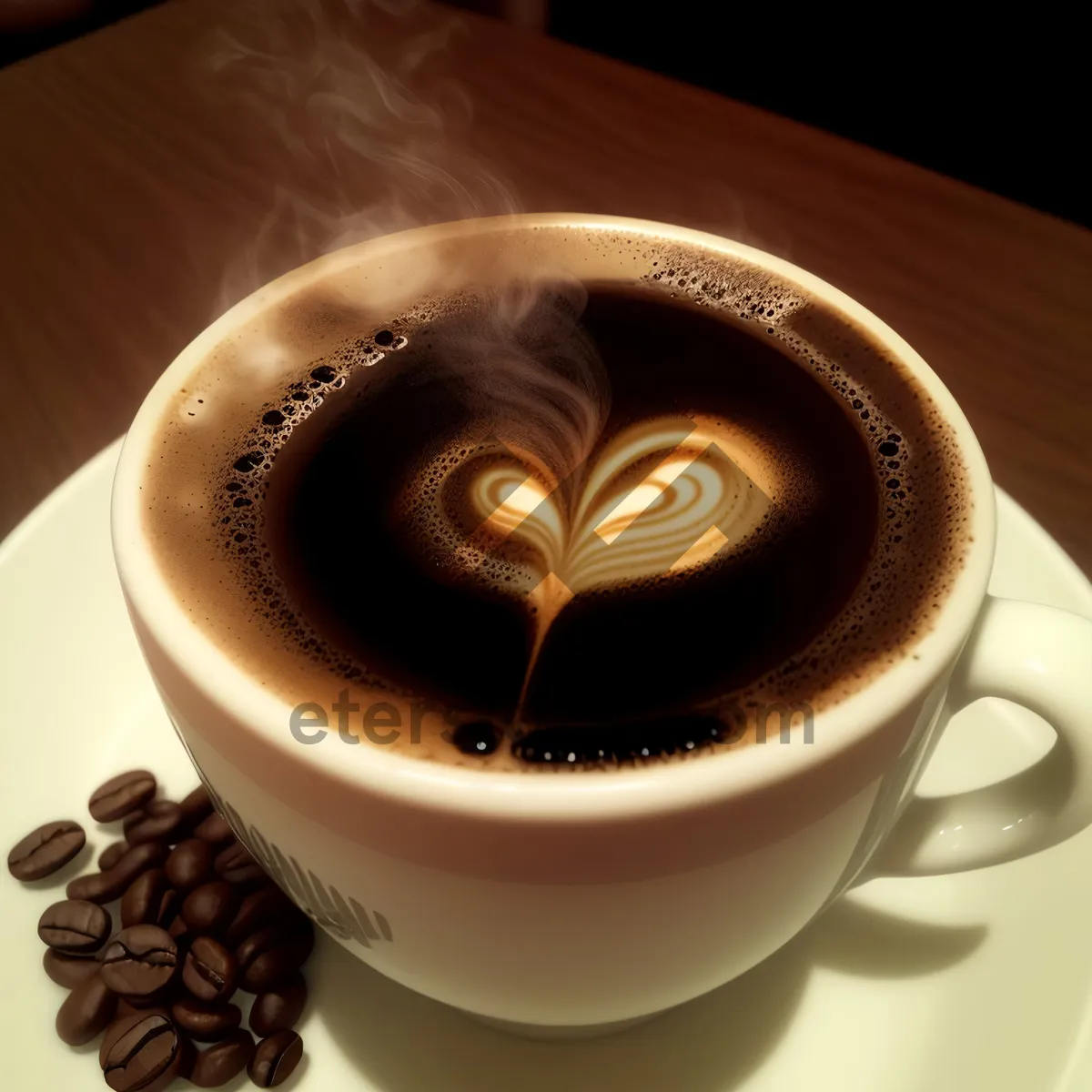 Picture of Hot Cappuccino on Saucer with Coffee Beans