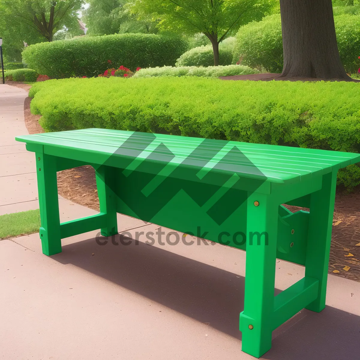 Picture of Wooden Park Bench on Green Grass