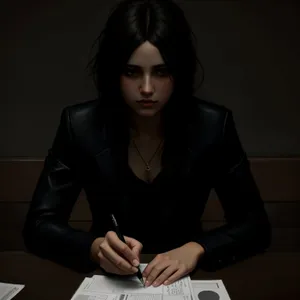 Happy businesswoman smiling while working on laptop at office.