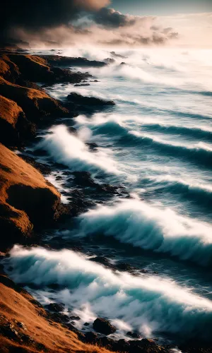 Tropical Beach Sunset Landscape with Waves and Rocks