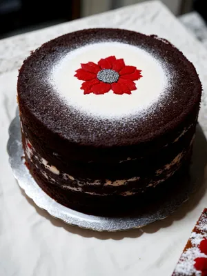 Decadent chocolate cream-covered cake with sugary topping