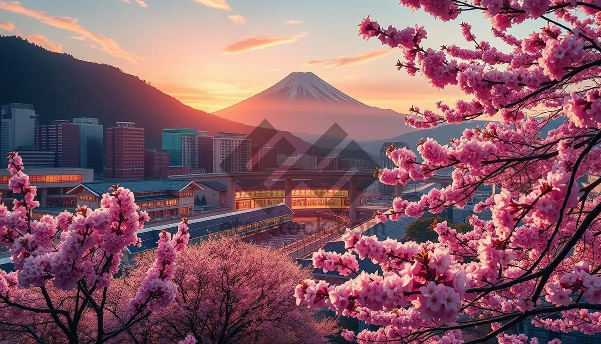 Picture of Spring landscape with pink flowers in garden park.