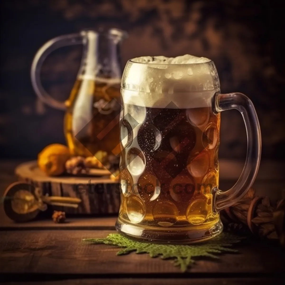 Picture of Golden beer mug with frosty bubbles and foam.