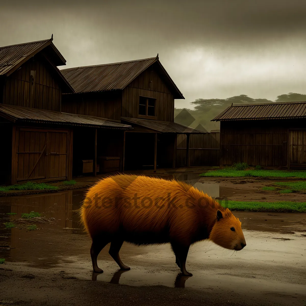 Picture of Wild Warthog Grazing in Rural Pasture