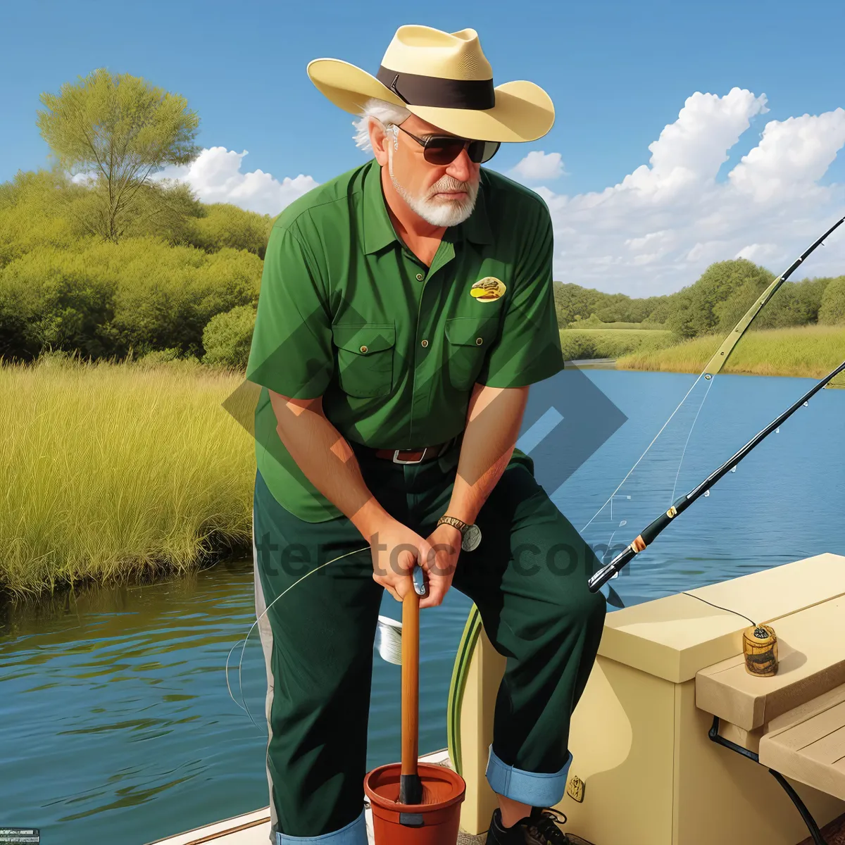 Picture of Fisherman with Boat Hook in Summer