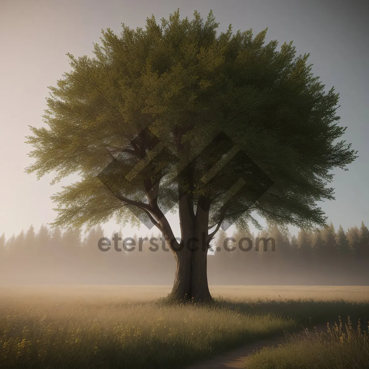 Picture of Idyllic Oak Tree in Rural Landscape under Sky