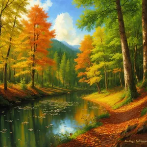 Autumn Woodland: Majestic Colors Reflect on the River