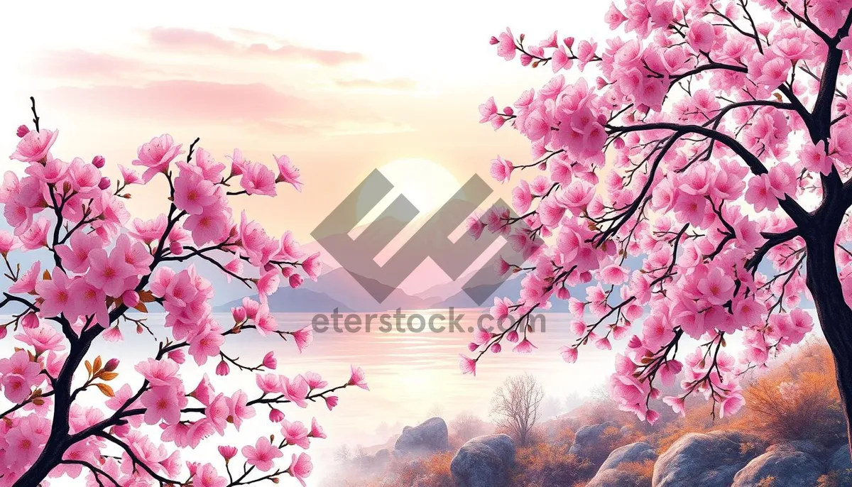 Picture of Pink Cherry Blossoms in Japanese Garden in Spring