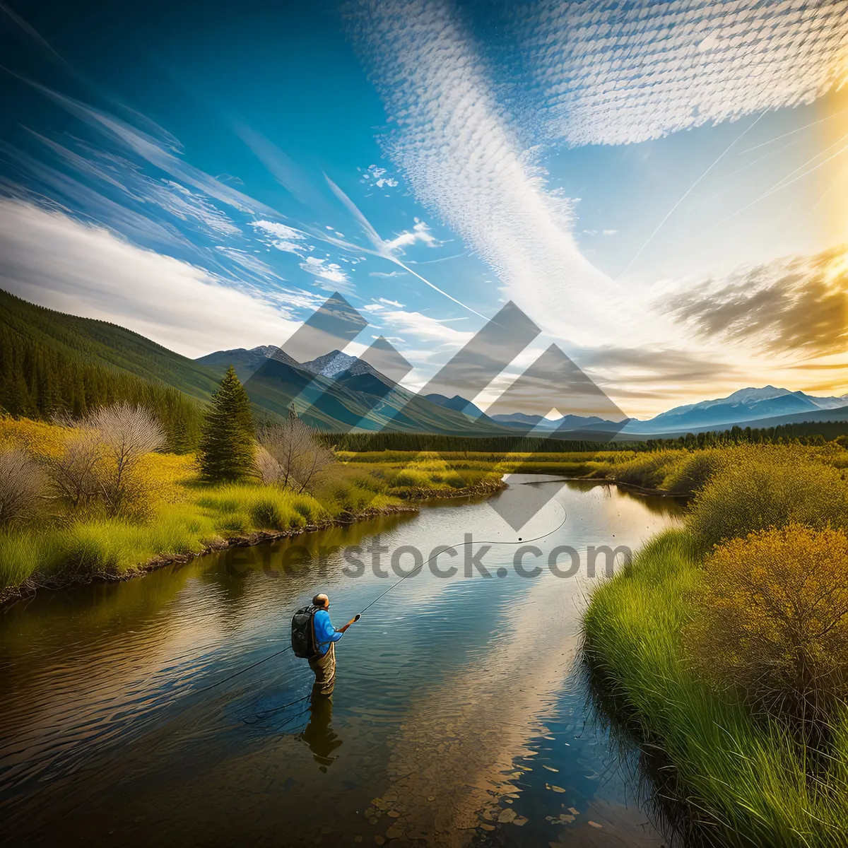 Picture of Golden Sunset Reflection over Meadow and Lake