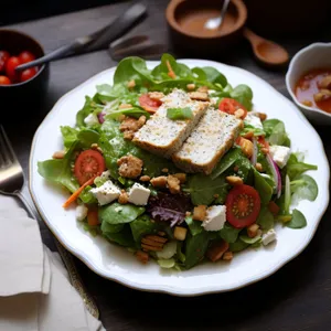 Gourmet cheese plate with fresh vegetables and sauce.