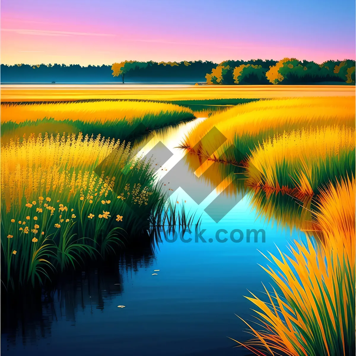 Picture of Serene Sunset over Reflection Lake, Picturesque Landscape