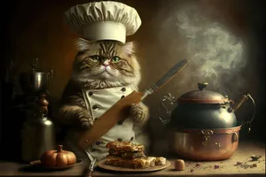 Domestic Cat Cooking with Wok Pan