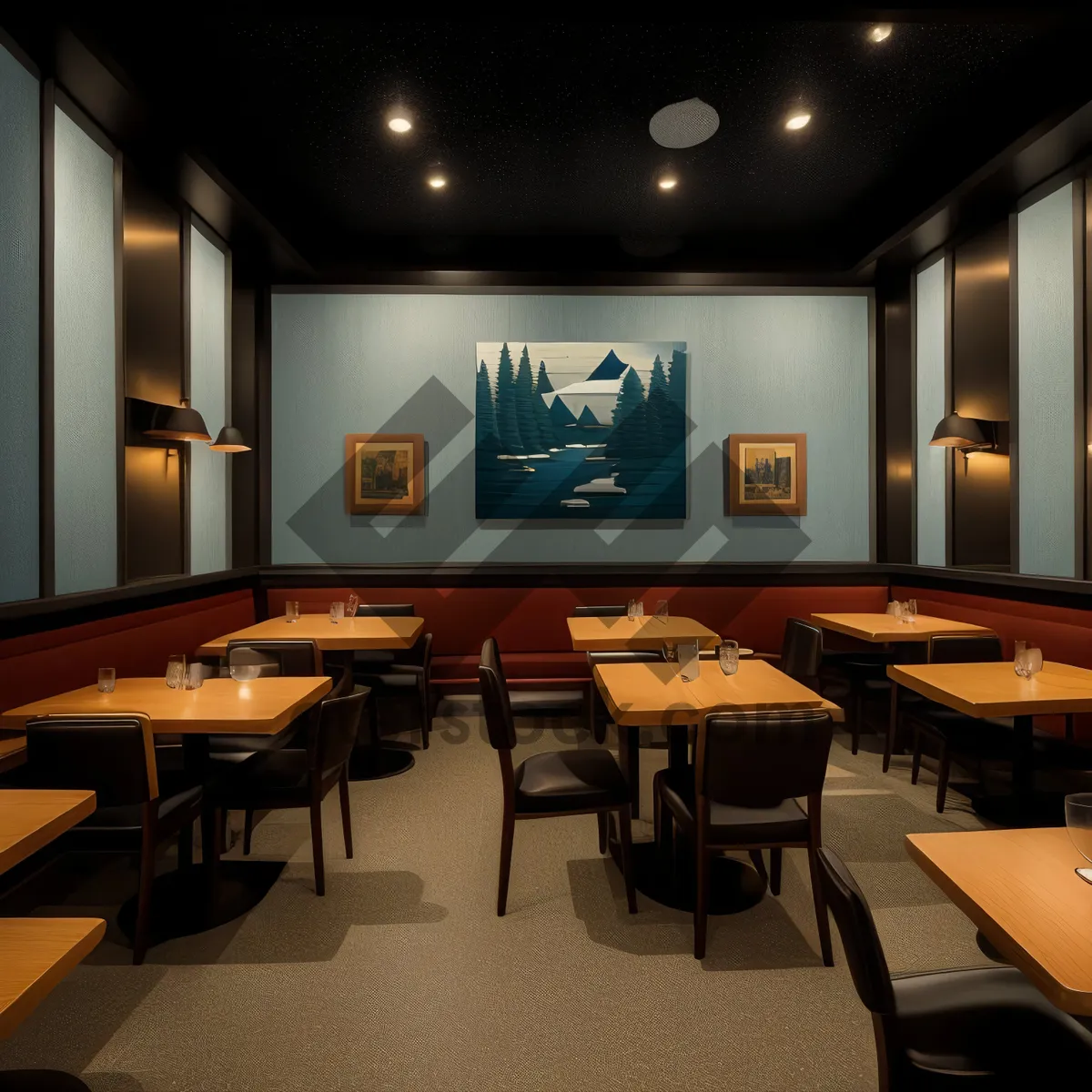 Picture of Modern luxury restaurant interior with wooden furniture and lamp