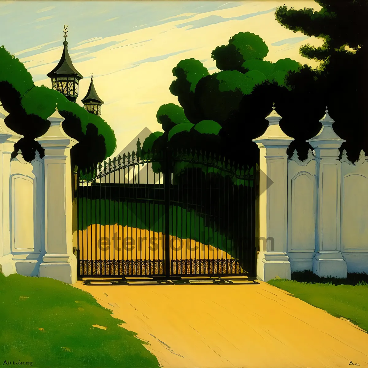 Picture of Cityscape with Picket Fence and Landmark Columns