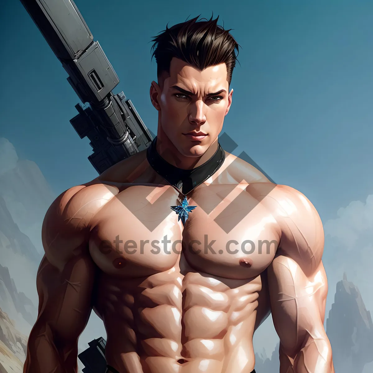 Picture of Muscular handsome man with weapon and bikini torso