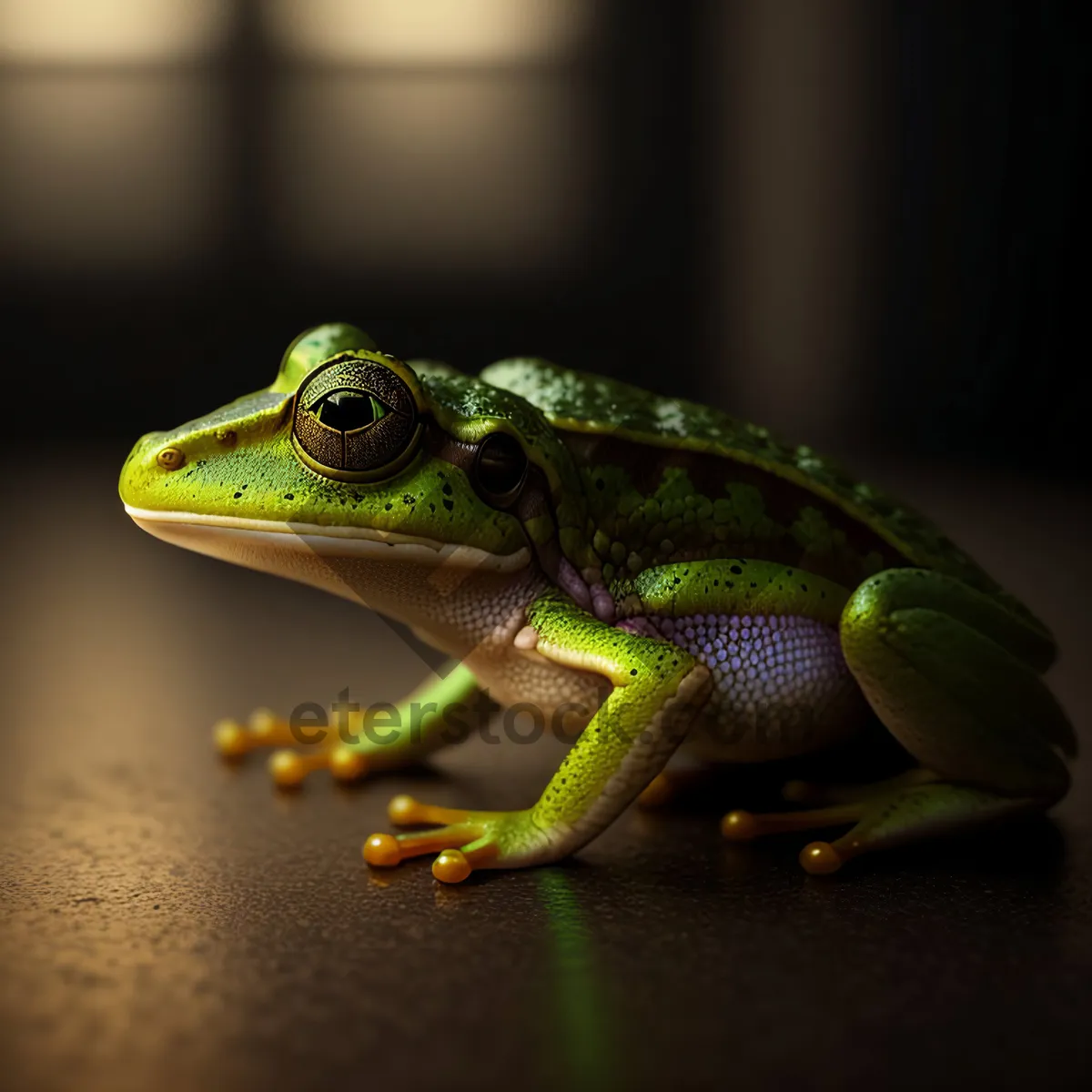 Picture of Green-eyed Tree Frog perched on tree branch.